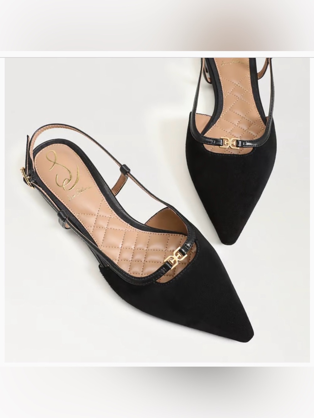 Sam Edelman Black Suede Pointed Slingback Flats with Gold Accent
